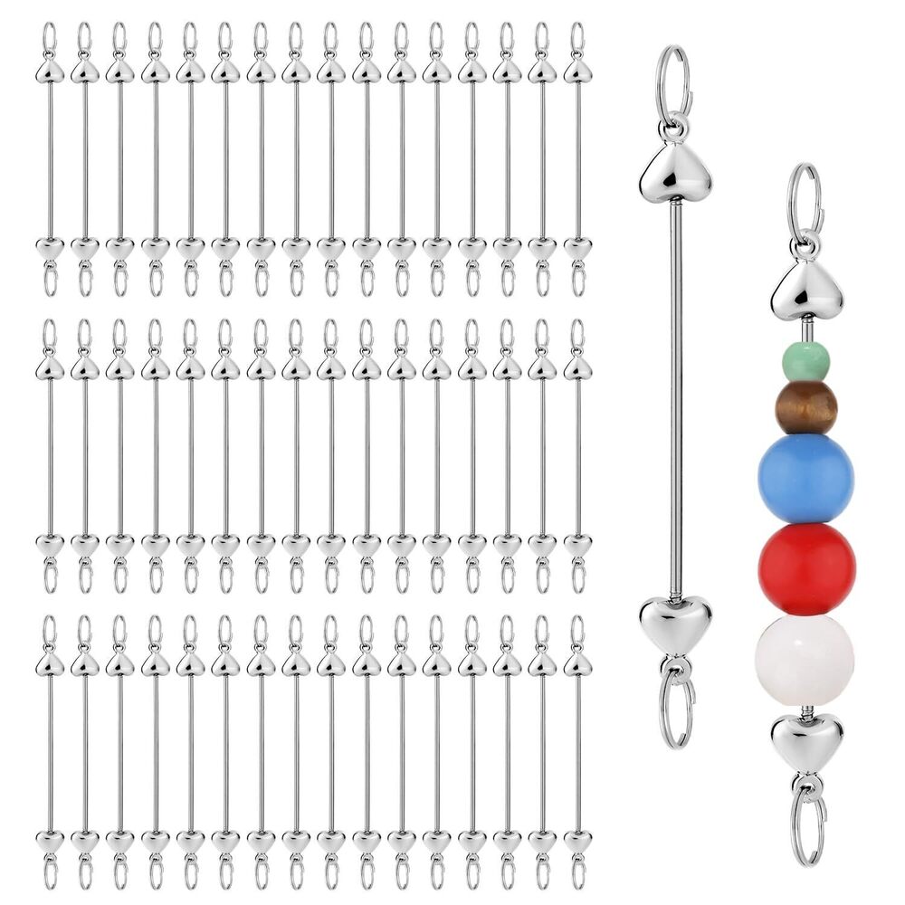 2187 50pcs Beadable Keychain Bars, Silver Heart Shaped Key Chain Blank DIY